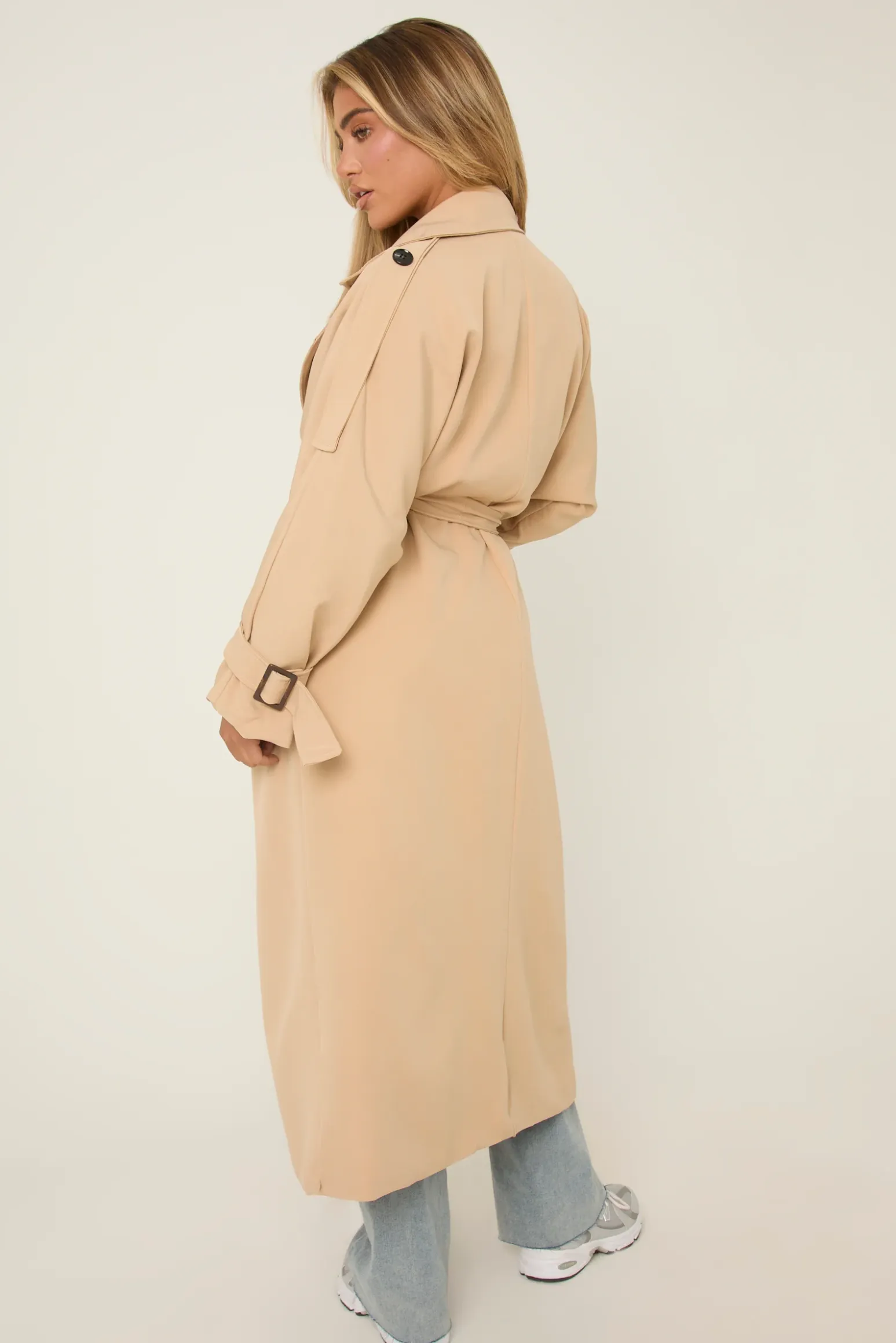 Rebellious Fashion Beige Double Breasted Tie Sleeve Longline Oversized Trench Coat - Annmarie