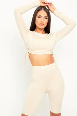 Rebellious Fashion Beige Double Layer Ruched Top and Cycling Shorts Co-ord - Gwen