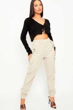 Rebellious Fashion Beige Elasticated Waist Cargo Trousers - Yalina