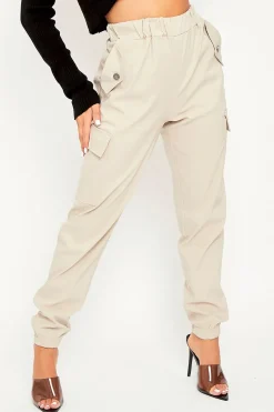 Rebellious Fashion Beige Elasticated Waist Cargo Trousers - Yalina