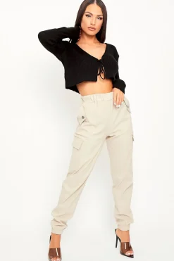 Rebellious Fashion Beige Elasticated Waist Cargo Trousers - Yalina