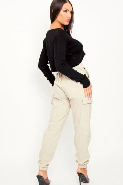 Rebellious Fashion Beige Elasticated Waist Cargo Trousers - Yalina