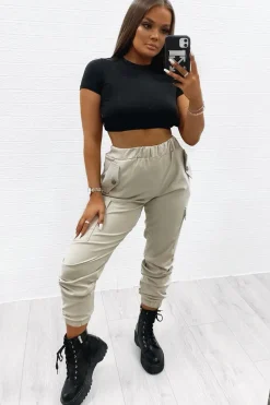 Rebellious Fashion Beige Elasticated Waist Cargo Trousers - Yalina