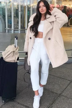 Rebellious Fashion Beige Faux Fur Button Front Teddy Coat - Aamna