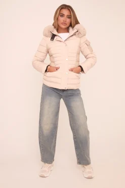 Rebellious Fashion Beige Faux Fur Hooded Puffer Jacket - Glory