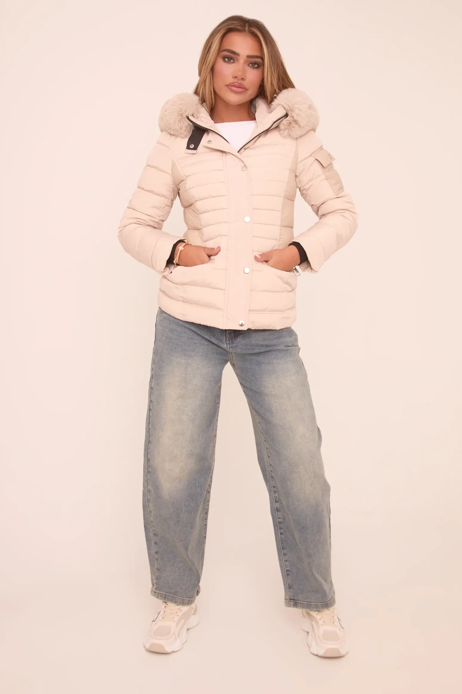 Rebellious Fashion Beige Faux Fur Hooded Puffer Jacket - Glory