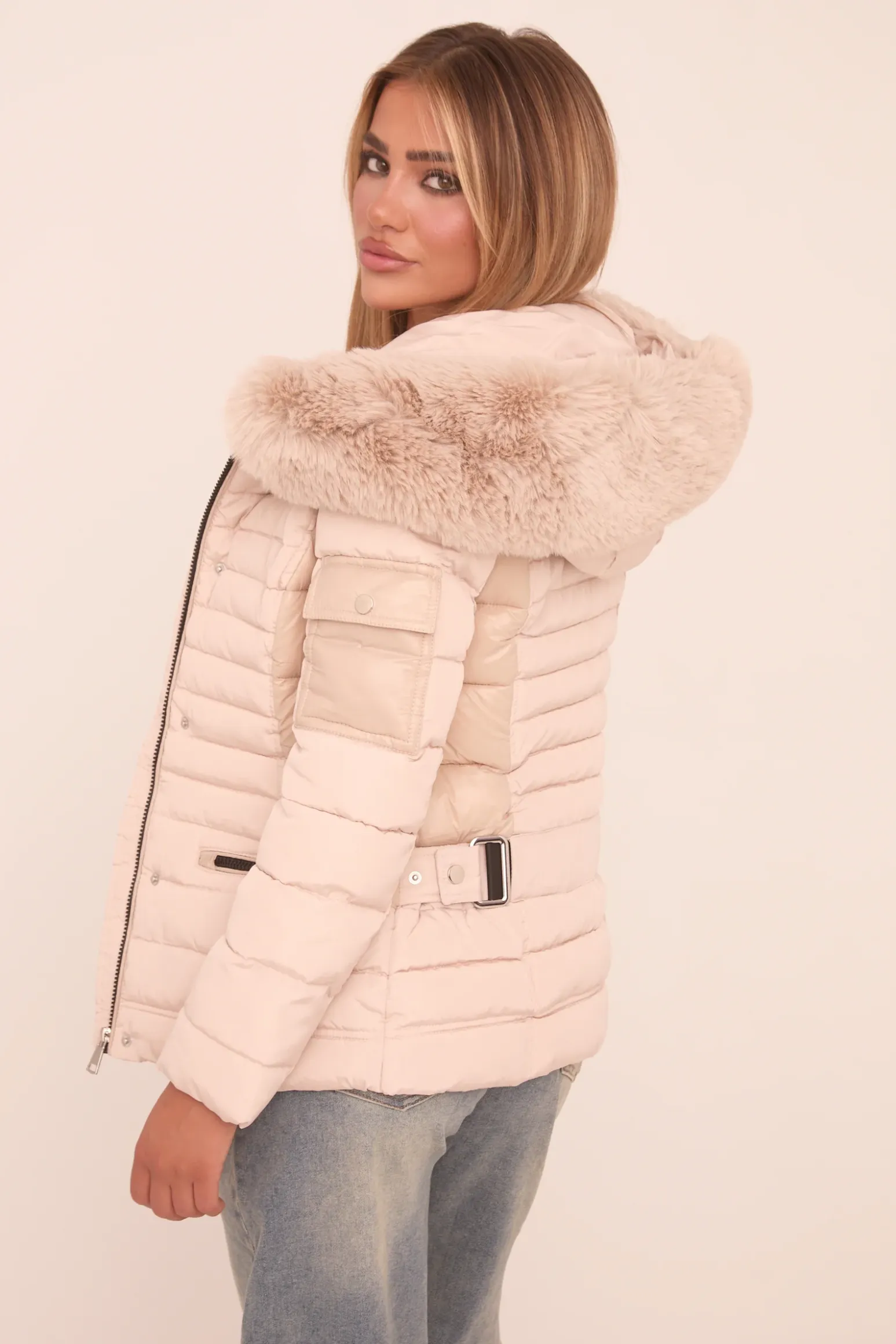 Rebellious Fashion Beige Faux Fur Hooded Puffer Jacket - Glory
