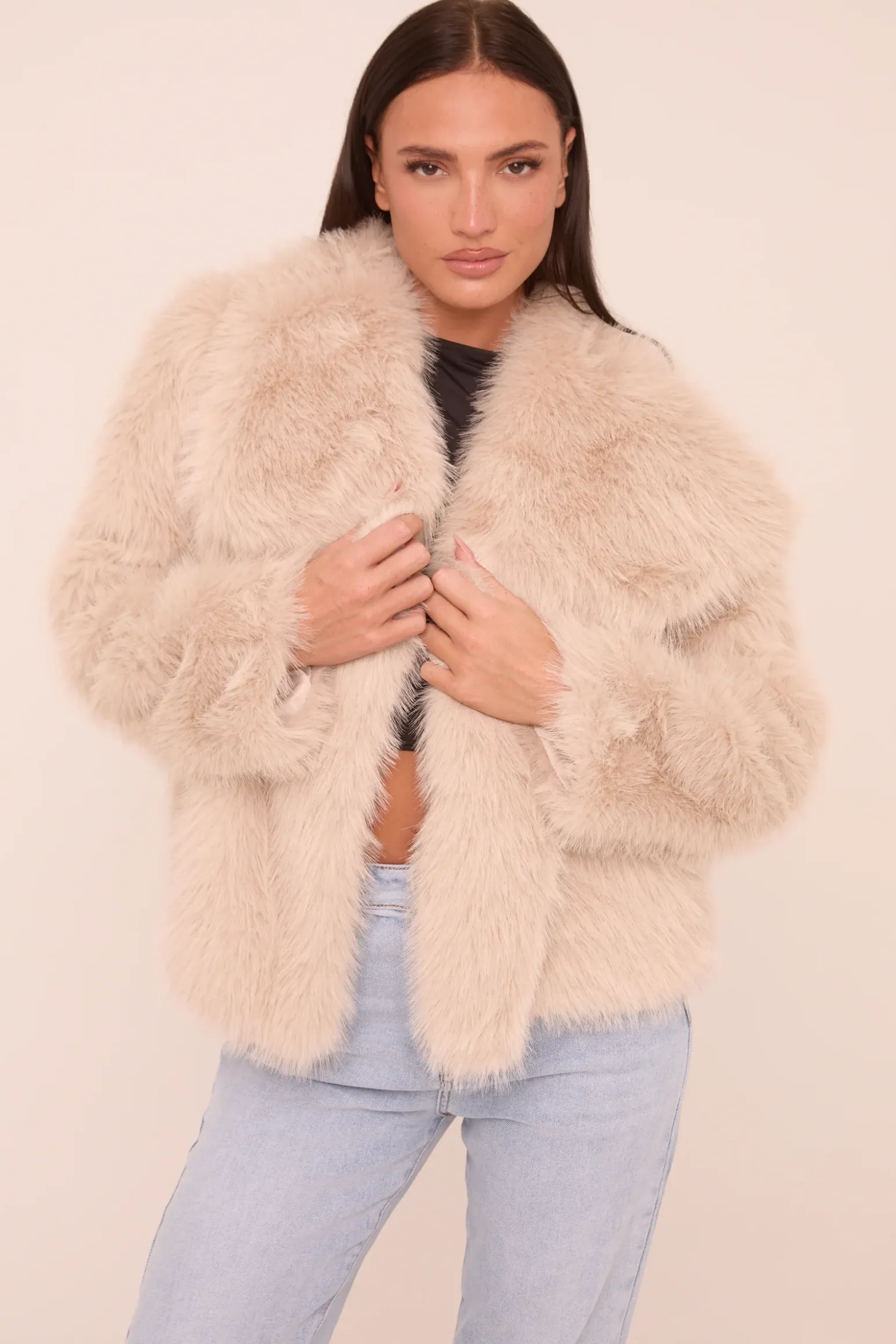 Rebellious Fashion Beige Faux Fur Long Sleeves Cropped Coat - Halo