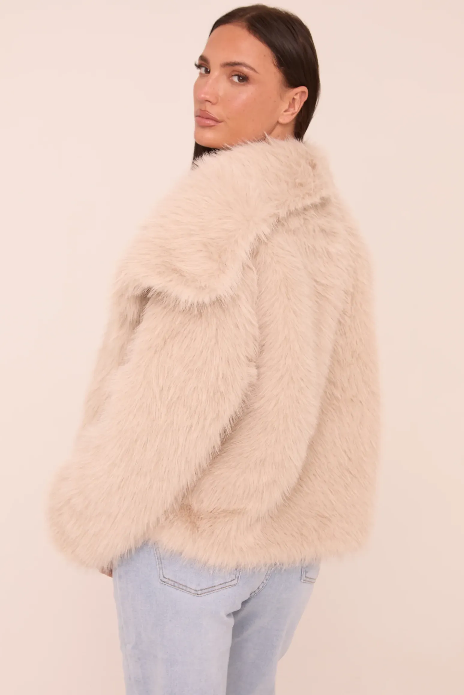 Rebellious Fashion Beige Faux Fur Long Sleeves Cropped Coat - Halo