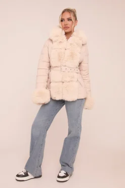 Rebellious Fashion Beige Faux Fur Trim Hooded Puffer Jacket - Betty