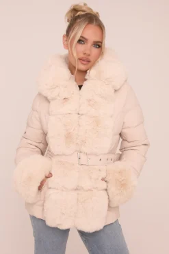 Rebellious Fashion Beige Faux Fur Trim Hooded Puffer Jacket - Betty