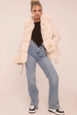 Rebellious Fashion Beige Faux Fur Trim Hooded Puffer Jacket - Betty