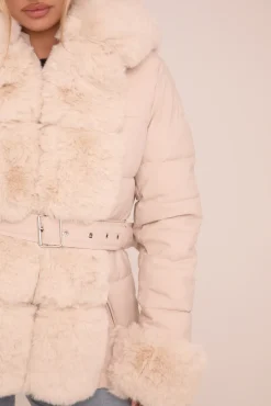 Rebellious Fashion Beige Faux Fur Trim Hooded Puffer Jacket - Betty