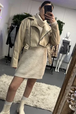 Rebellious Fashion Beige Faux Leather Biker Jacket - Loden