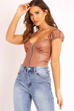 Rebellious Fashion Beige Faux Leather Corset Style Crop Top - Julisa