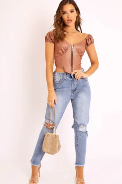Rebellious Fashion Beige Faux Leather Corset Style Crop Top - Julisa