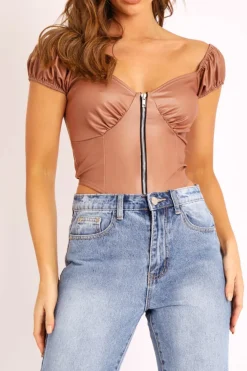 Rebellious Fashion Beige Faux Leather Corset Style Crop Top - Julisa