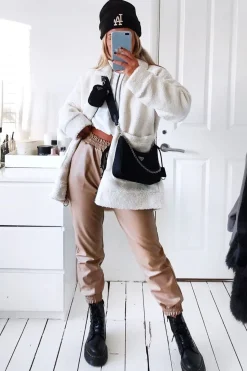Rebellious Fashion Beige Faux Leather Drawstring Waist Joggers - Persia