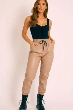 Rebellious Fashion Beige Faux Leather Drawstring Waist Joggers - Persia