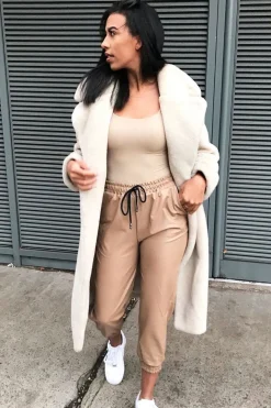 Rebellious Fashion Beige Faux Leather Drawstring Waist Joggers - Persia