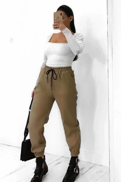 Rebellious Fashion Beige Faux Leather Drawstring Waist Joggers - Persia