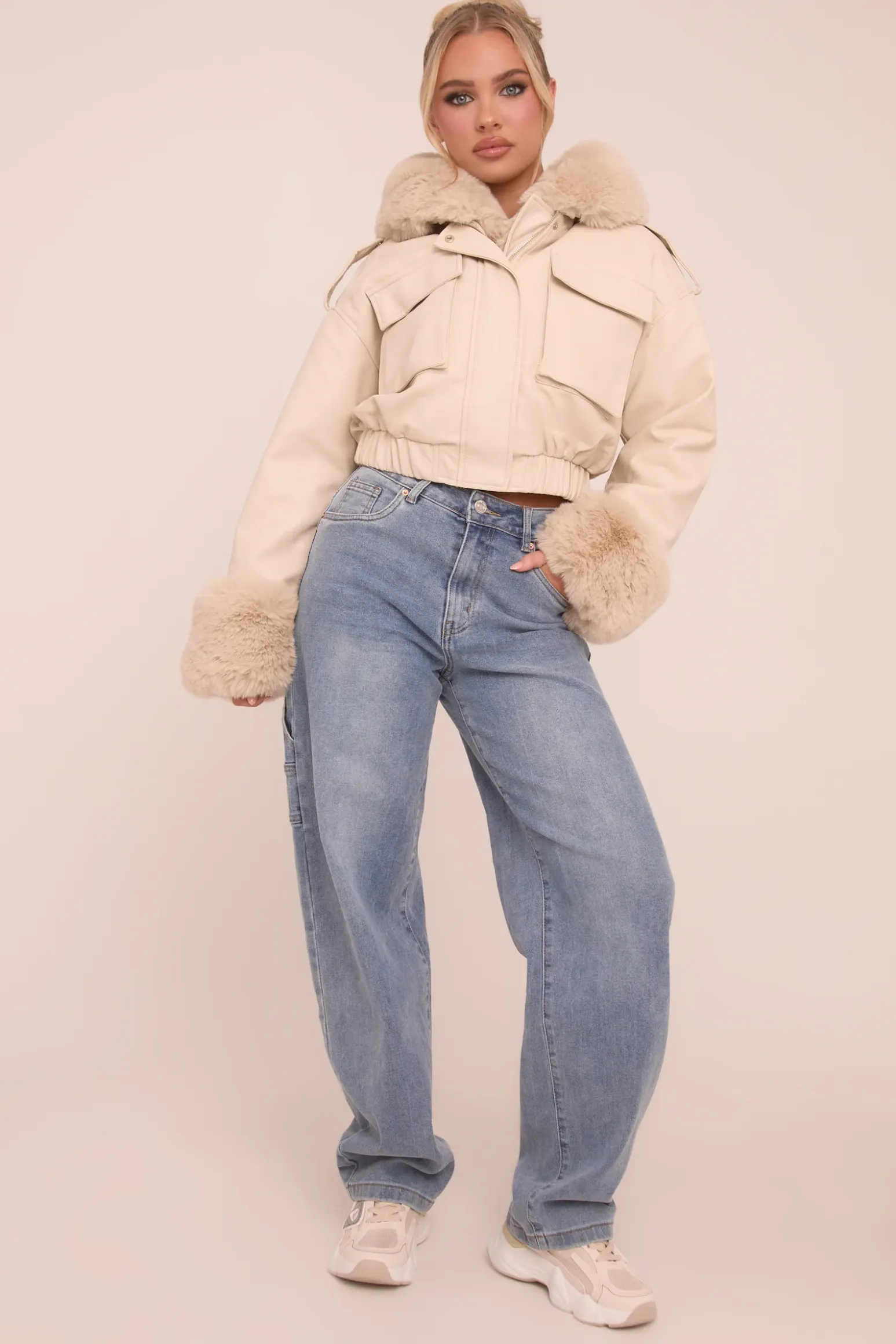 Rebellious Fashion Beige Faux Leather Fur Lined Bomber Jacket - Larna