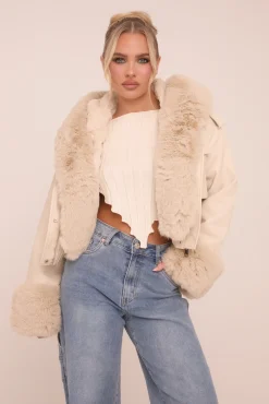 Rebellious Fashion Beige Faux Leather Fur Lined Bomber Jacket - Larna