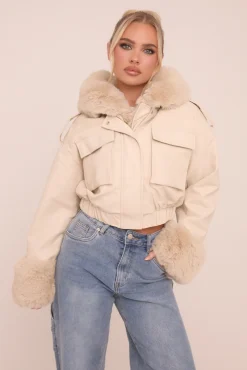 Rebellious Fashion Beige Faux Leather Fur Lined Bomber Jacket - Larna