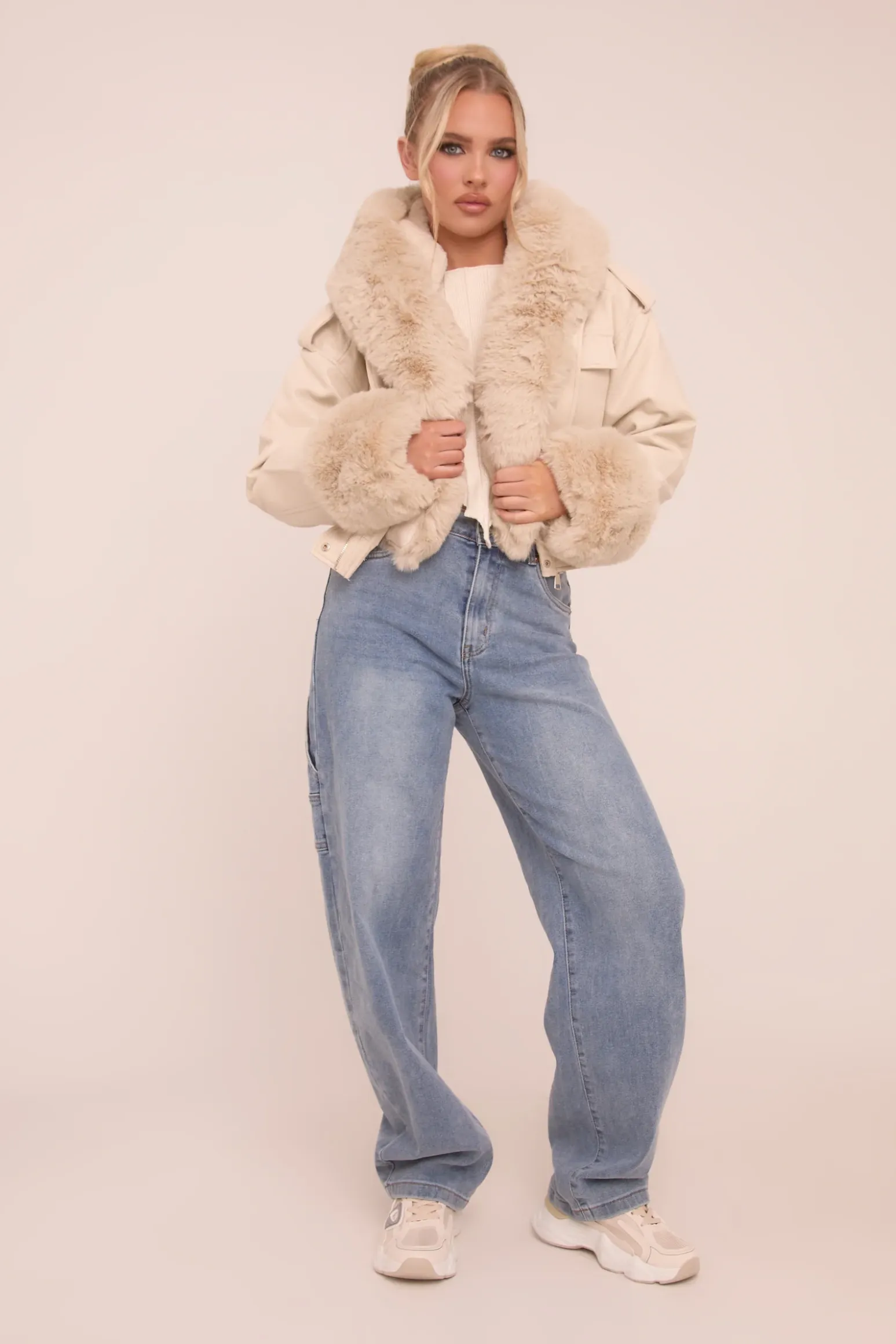 Rebellious Fashion Beige Faux Leather Fur Lined Bomber Jacket - Larna