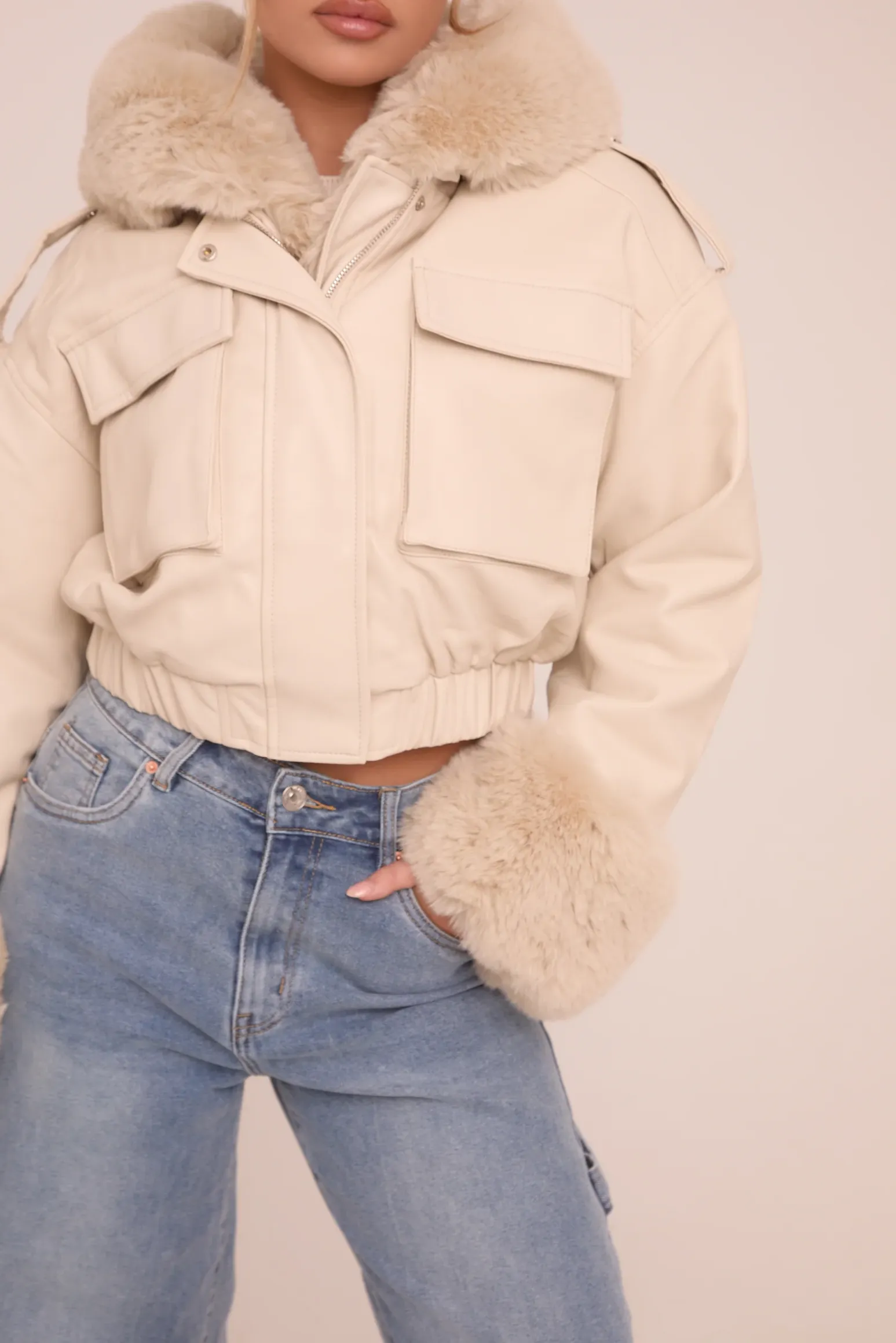 Rebellious Fashion Beige Faux Leather Fur Lined Bomber Jacket - Larna