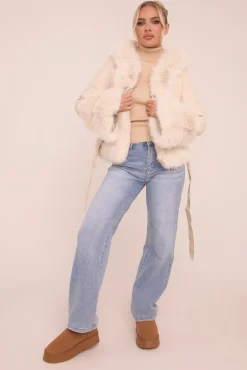 Rebellious Fashion Beige Faux Leather Fur Trim Jacket - Casey