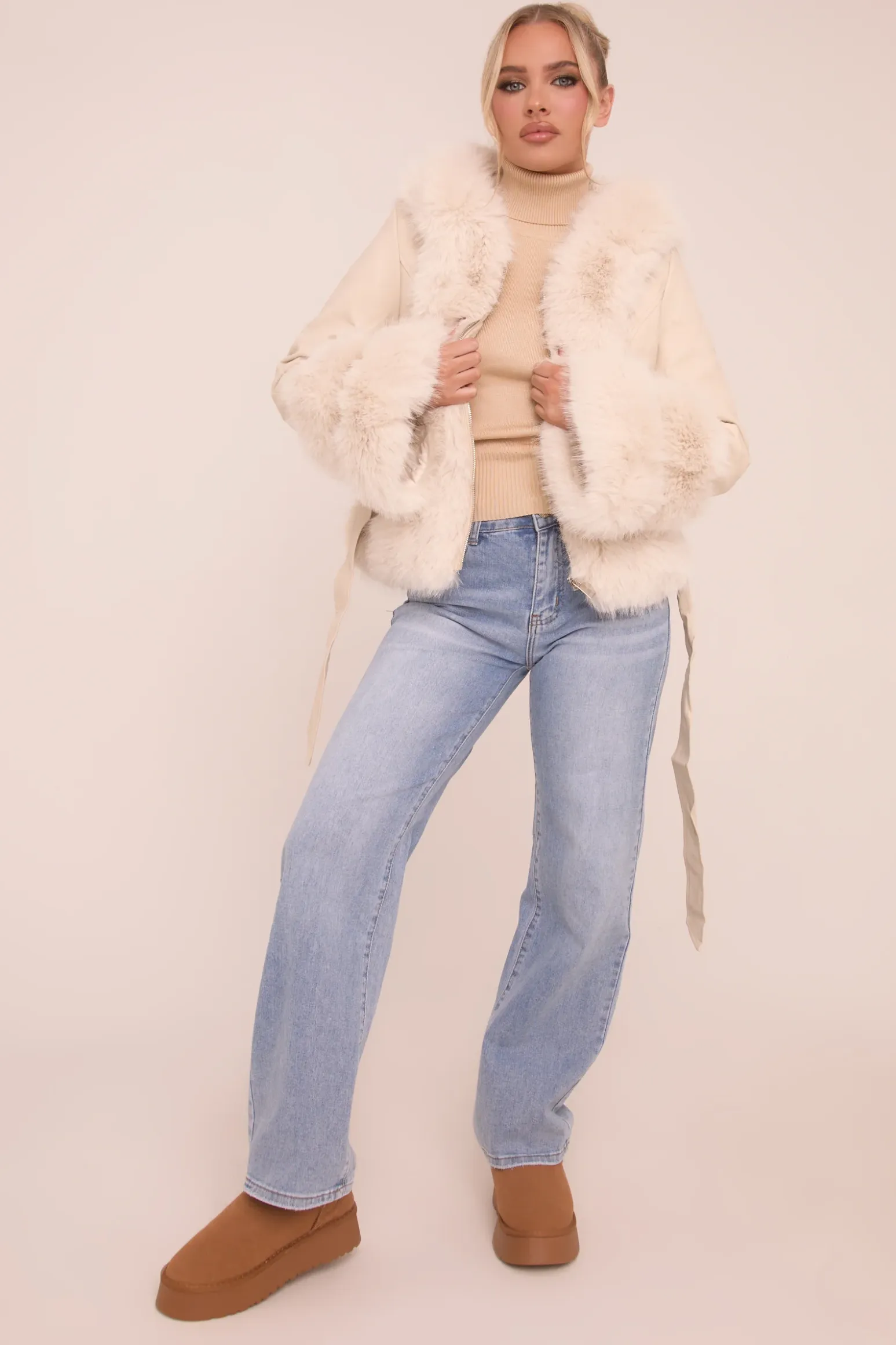 Rebellious Fashion Beige Faux Leather Fur Trim Jacket - Casey