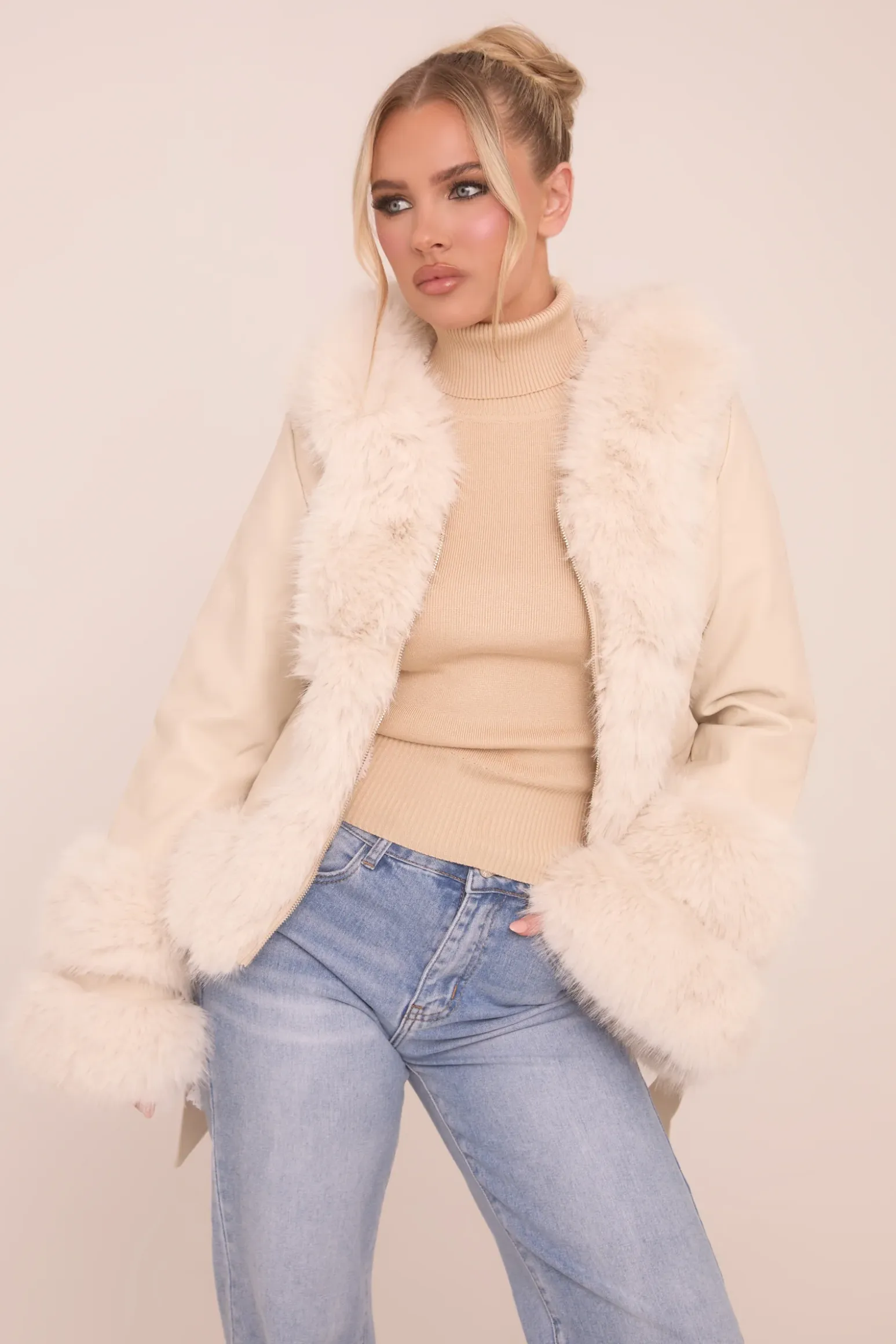 Rebellious Fashion Beige Faux Leather Fur Trim Jacket - Casey