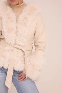 Rebellious Fashion Beige Faux Leather Fur Trim Jacket - Casey