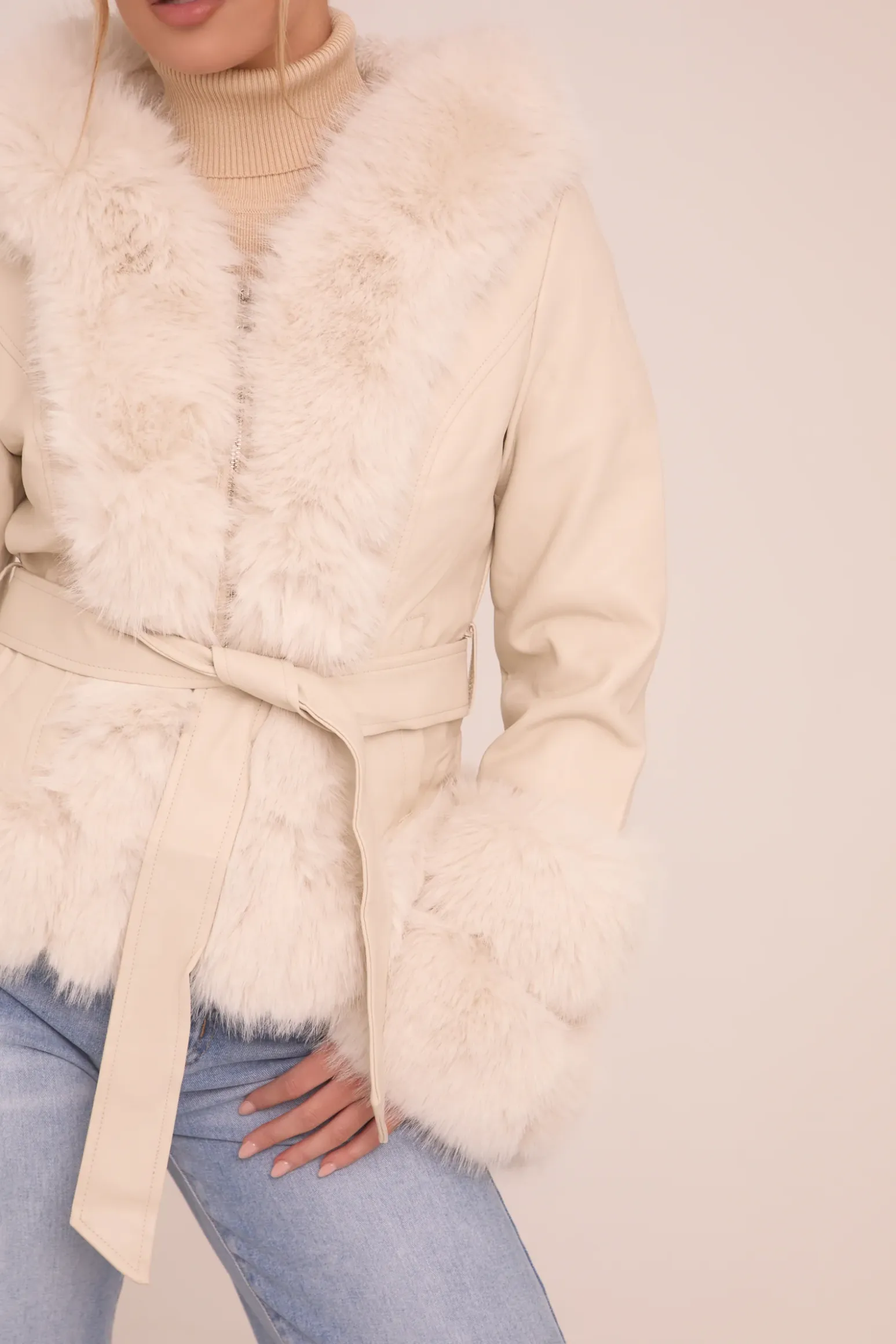 Rebellious Fashion Beige Faux Leather Fur Trim Jacket - Casey