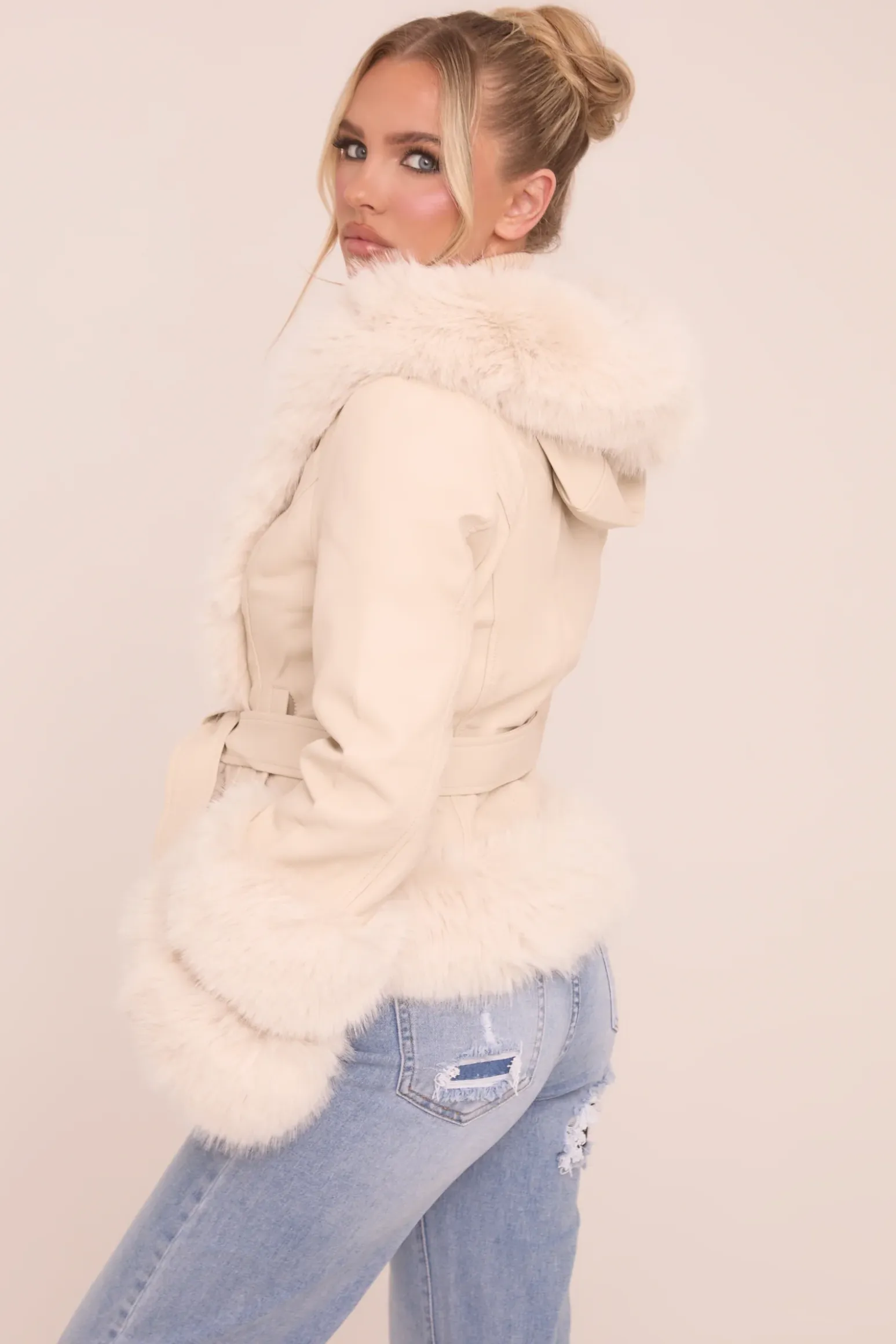 Rebellious Fashion Beige Faux Leather Fur Trim Jacket - Casey