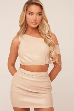 Rebellious Fashion Beige Faux Leather One shoulder Cropped Top & Mini Skirt Co-ord Set - Carissa