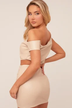 Rebellious Fashion Beige Faux Leather One shoulder Cropped Top & Mini Skirt Co-ord Set - Carissa