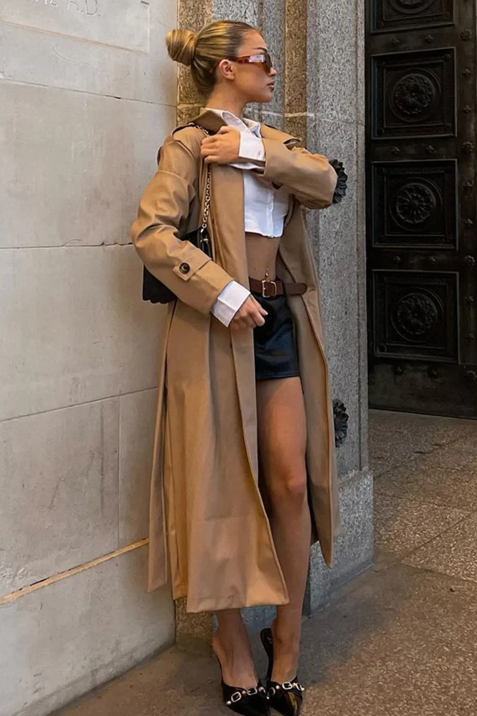 Rebellious Fashion Beige Faux Leather Oversized Double Breasted Trench Coat- Xia