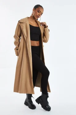 Rebellious Fashion Beige Faux Leather Oversized Double Breasted Trench Coat- Xia