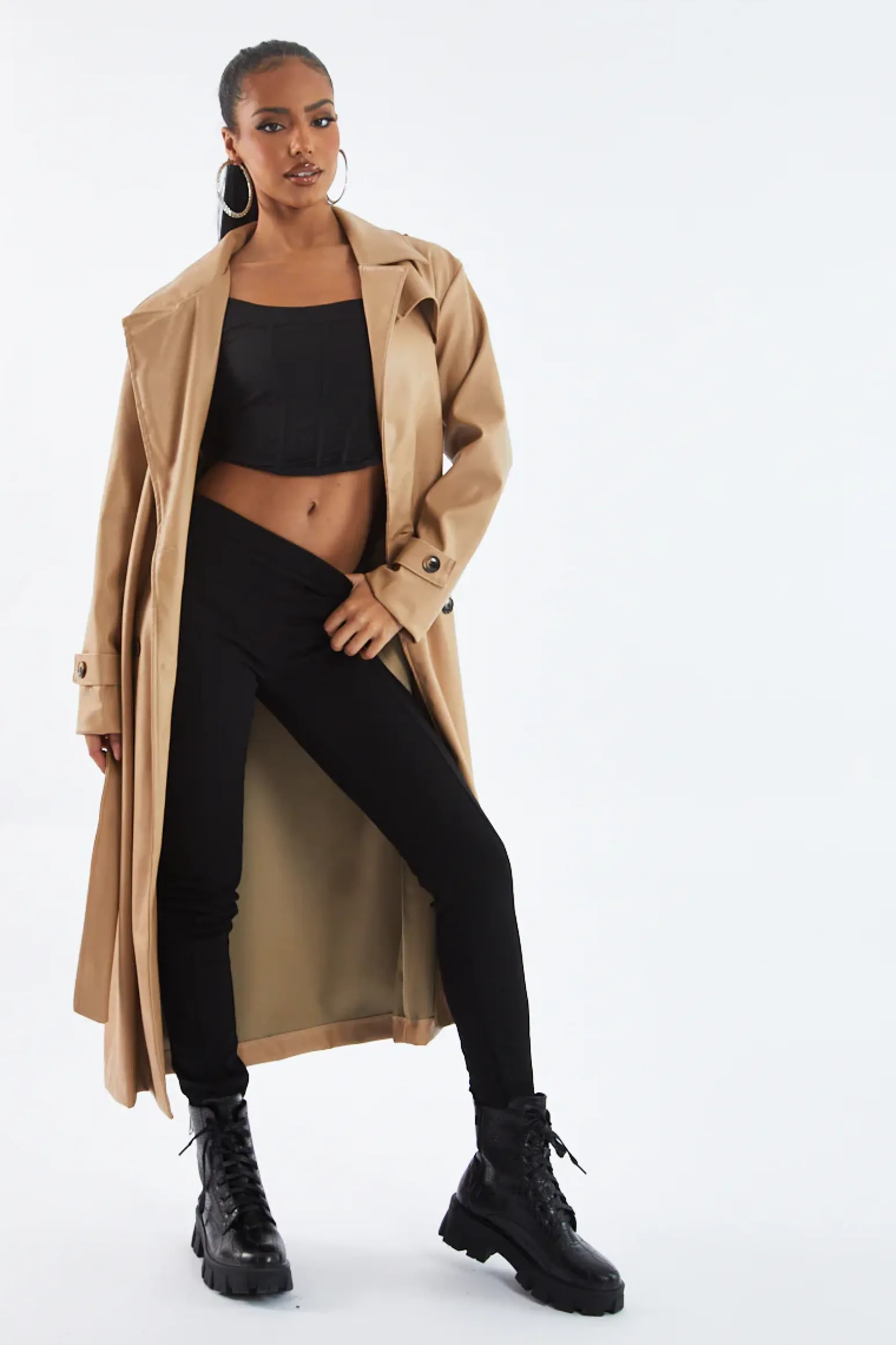 Rebellious Fashion Beige Faux Leather Oversized Double Breasted Trench Coat- Xia