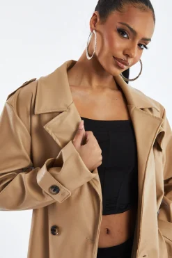 Rebellious Fashion Beige Faux Leather Oversized Double Breasted Trench Coat- Xia