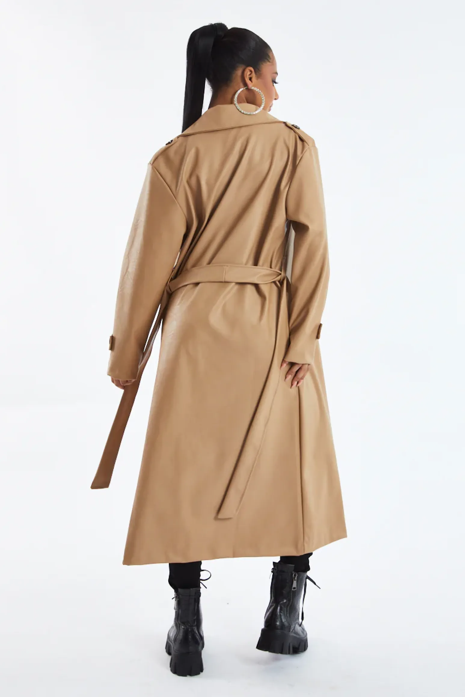 Rebellious Fashion Beige Faux Leather Oversized Double Breasted Trench Coat- Xia