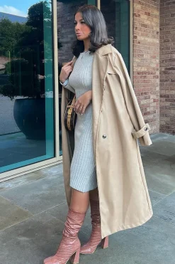 Rebellious Fashion Beige Faux Leather Oversized Double Breasted Trench Coat- Xia