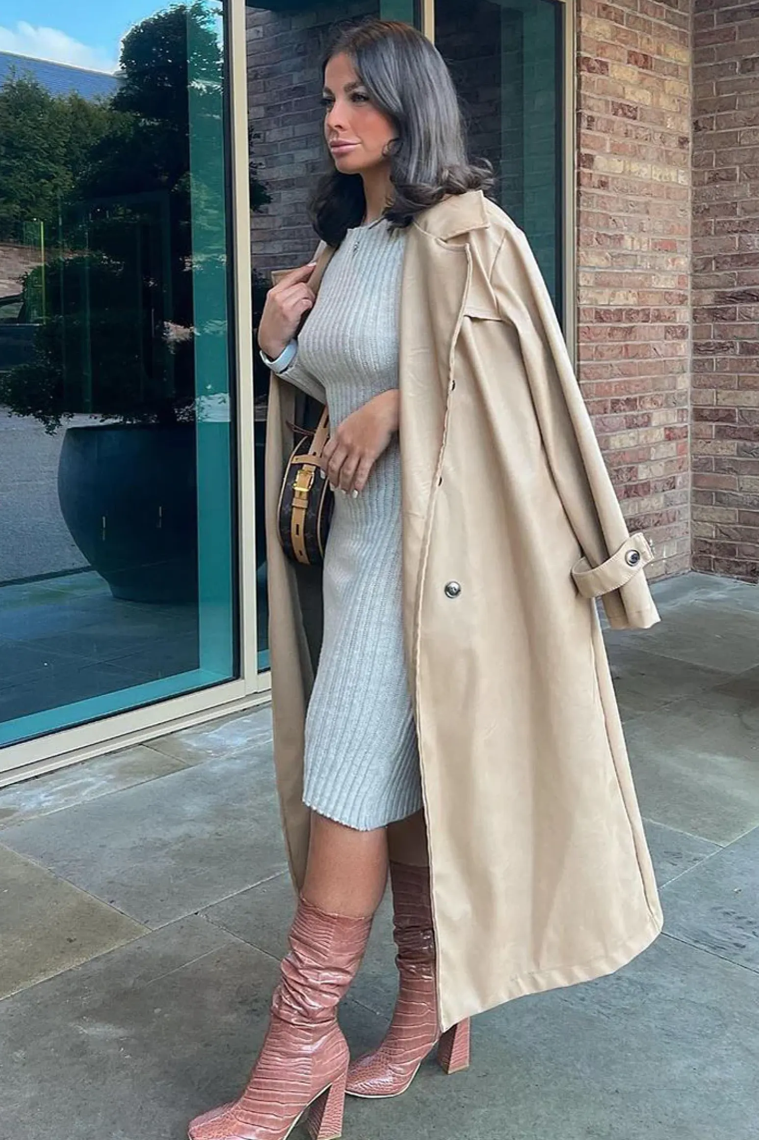 Rebellious Fashion Beige Faux Leather Oversized Double Breasted Trench Coat- Xia