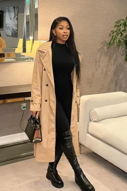Rebellious Fashion Beige Faux Leather Oversized Double Breasted Trench Coat- Xia