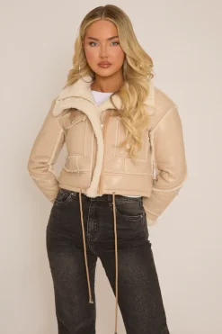 Rebellious Fashion Beige Faux Leather Shearling Aviator Cropped Jacket - Avani