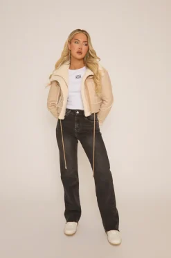 Rebellious Fashion Beige Faux Leather Shearling Aviator Cropped Jacket - Avani