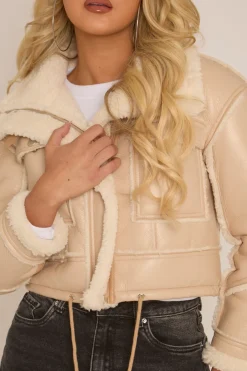 Rebellious Fashion Beige Faux Leather Shearling Aviator Cropped Jacket - Avani