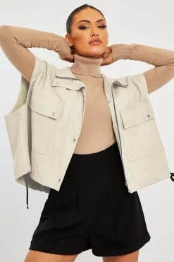 Rebellious Fashion Beige Faux Leather Sleeveless Gilet Jacket - Kierstan